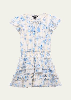 Girl's Floral Tiered Short-Sleeve Dress, Size 4-6
