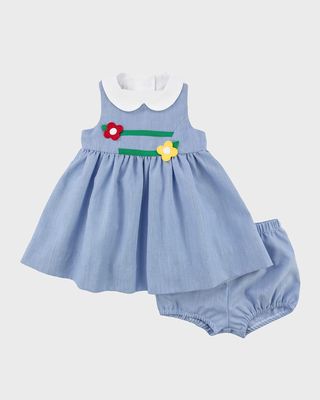Girl's Flower Appliqué Cord Dress with Bloomers, Size 6M-24M