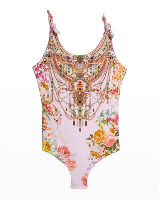 Girl's Flower Child Embellished One-Piece Swimsuit, Size 12-14