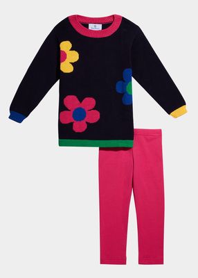 Girl's Flower Intarsia Sweater Two-Piece Set, Size 2-6X