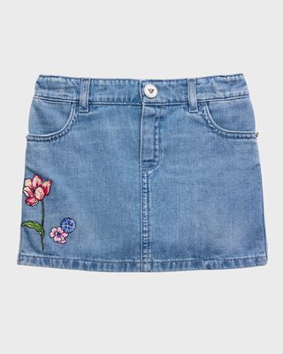 Girl's Flowers Embroidered Denim Skirt, Size 12M-3T
