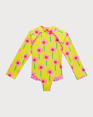 Girl's Flowers Long-Sleeve One-Piece Swimsuit, Size 4-10