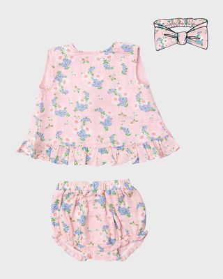 Girl's Gathering Daisies Ruffle Top, Bloomers, and Headband Set, Size 3M-24M