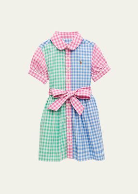 Girl's Gingham Colorblocked Embroidered Dress, Size 2-4