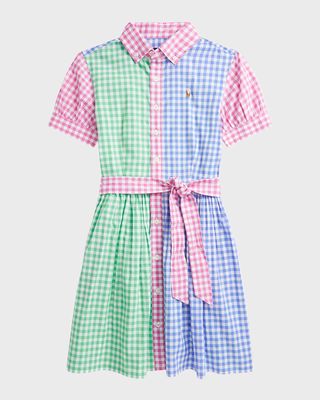 Girl's Gingham Colorblocked Embroidered Dress, Size 5-6X