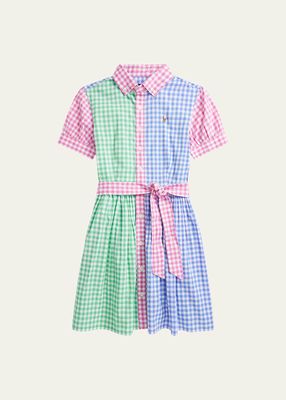 Girl's Gingham Colorblocked Embroidered Dress, Size 7-16