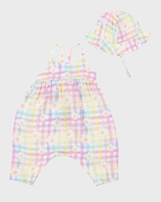 Girl's Gingham Daisy Tie-Back Romper and Sunhat, Size 3M-24M