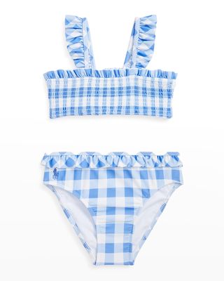 Girl's Gingham Ruffle Smocked Bikini Set, Size 9-24M
