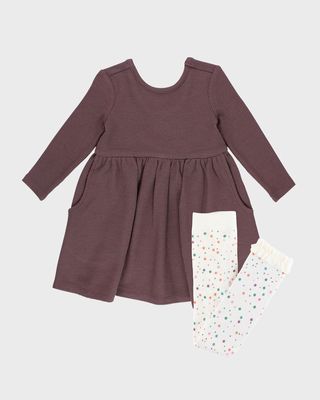 Girl's Grape Twirl Dress W/ Spotty Dot Tights, Size 2T-8