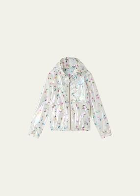 Girl's Gytha Cherry-Print Iridescent Rain Jacket, Size 4-12
