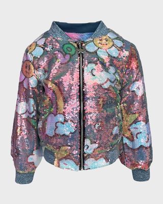 Girl's Happy Daisy Rainbow Sequin Bomber Jacket, Size 2-14