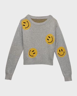 Girl's Happy Face Intarsia Sweater, Size 4-6