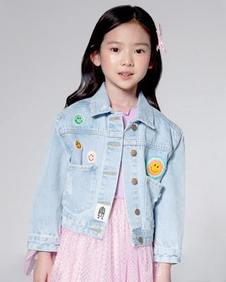 Girl's Happy Face Patched Denim Jacket, Size 2-10