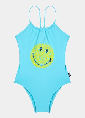 Girl's Happy Face Turtle Motif One-Piece Swimsuit, Size 2-14