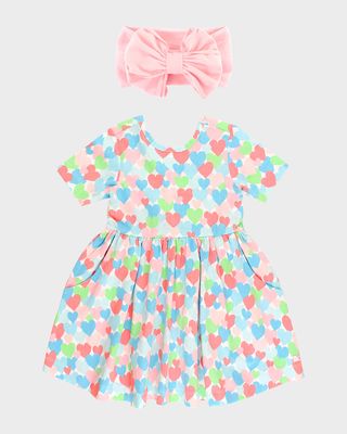 Girl's Happy Hearts Printed Twirl Dress and Headband Set, Size 3M-8