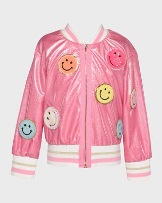 Girl's Happy Sequin Multicolor Happy Face Bomber Jacket, Size 2T-6