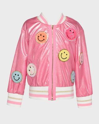 Girl's Happy Sequin Multicolor Happy Face Bomber Jacket, Size 7-10