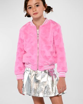 Girl's Heart-Print Faux Fur Bomber Jacket, Size 8-14