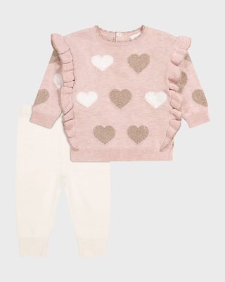 Girl's Heart-Print Ruffle Trim Sweater, Size 3M-24M