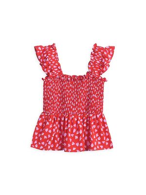 Girl's Heart Print Ruffle-Trim Top - Red Mia - Size 8 - Red Mia - Size 8