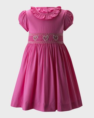 Girl's Heart Smocked Frill Collar Dress, Size 2-10