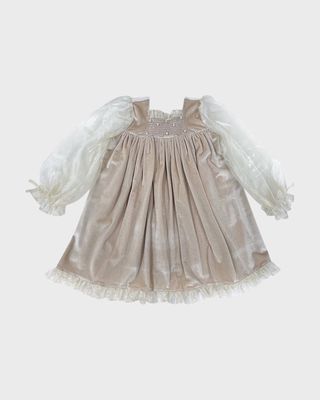 Girl's Helena Organza-Sleeve Velour Dress, Size 12M-8