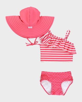 Girl's Hot Pink Hearts Tankini and Hat Set, Size 3M-8