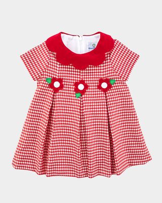 Girl's Houndstooth-Print Pleated Dress W/ Flowers, Size 6M-12M
