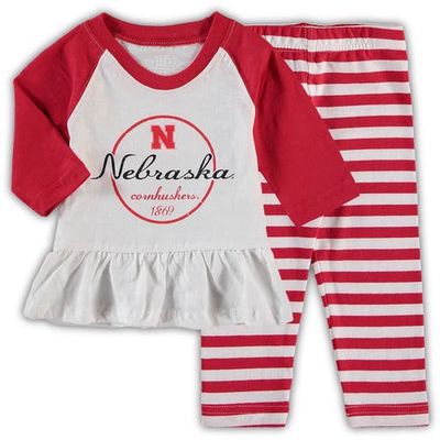 Girls Infant Wes & Willy White/Scarlet Nebraska Huskers Stripe Raglan Long Sleeve T-Shirt & Leggings Set