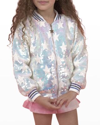 Girl's Iridescent Star Sequined Bomber Jacket, Size 2-14