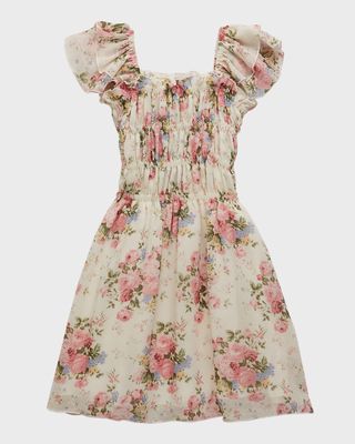 Girl's Ivory Rose Smocked Floral-Print Dress, Size S-XL