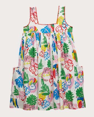 Girl's Jungle-Print Embroidered Dress, Size 4-10