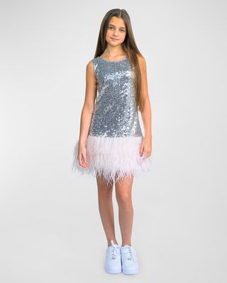 Girl's Kelly Sequin Feather-Hem Dress, Size 7-16