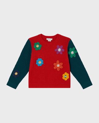 Girl's Knit 3D Floral Patch Wool Sweater, Size 4-12