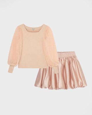 Girl's Knit Mesh Sleeve Sweater W/ Skirt Set, Size 7-16