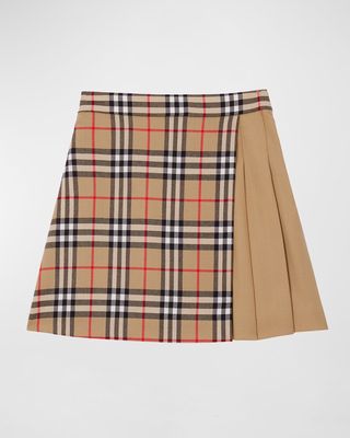 Girl's Lana Vintage Check Combo Wool Pleated Skirt, Size 3-14