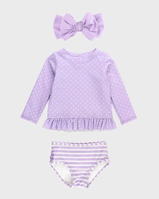 Girl's Lavender Hearts Two-Piece Swimsuit and Bow Set, Size 3M-8