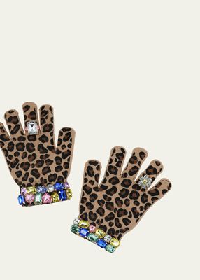 Girl's Leopard-Print Embellished Gloves