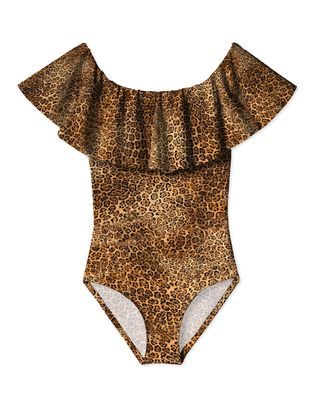 Girl's Leopard Print Ruffle One-Piece Swimsuit, Size 12M-14