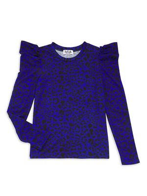 Girl's Leopard Puff Sleeve - Cobalt - Size 10 - Cobalt - Size 10