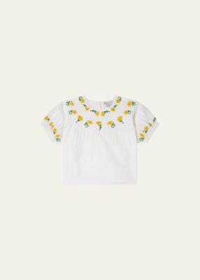 Girl's Linen Shirt with Sunflower Embroidery, Size 2-14