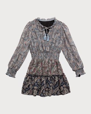 Girl's Long-Sleeve Tiered Paisley Dress, Size S-XL