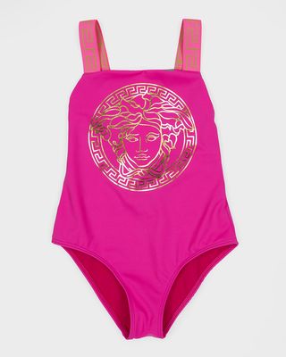 Girl's Medusa Head Greca Straps One-Piece Swimsuit, Size 8-14