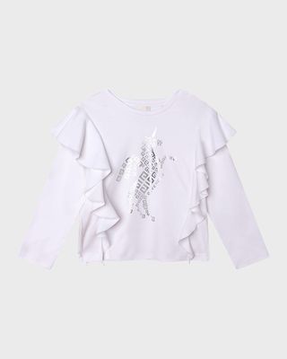 Girl's Monogram Unicorn-Print Ruffled T-Shirt, Size 8-14