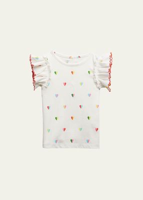 Girl's Multicolor Heart-Print Embroidered Top, Size 6M-24M
