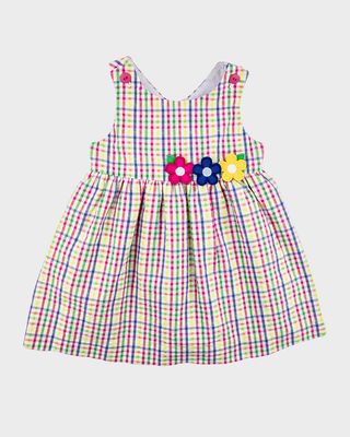 Girl's Multicolor Plaid Seersucker Dress W/ Flowers, Size 2-6