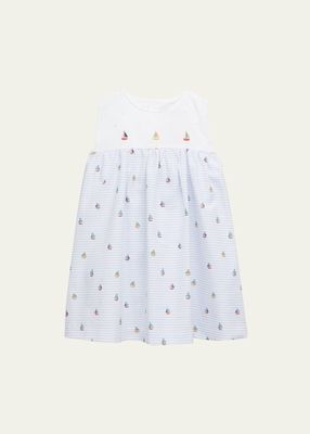 Girl's Multicolor Sailboat Printed Embroidered Dress, Size 6M-24M