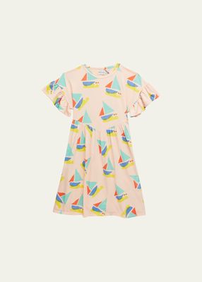 Girl's Multicolor Sailboat Ruffle Dress, Size 2-13