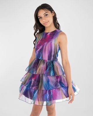 Girl's Nany Tie Dye-Print Layered Organza Dress, 7-16