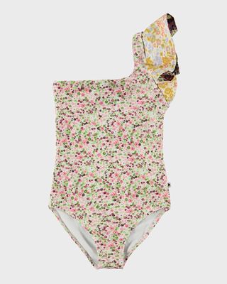 Girl's Nitt One Shoulder Floral-Print Swimsuit, Size 4-6